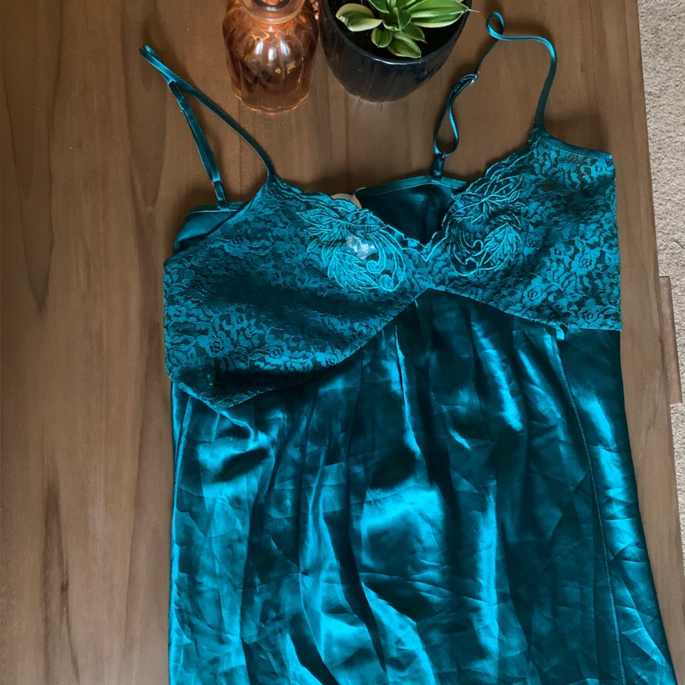Elegant Teal Lace Trim Vintage La Senza Chemise